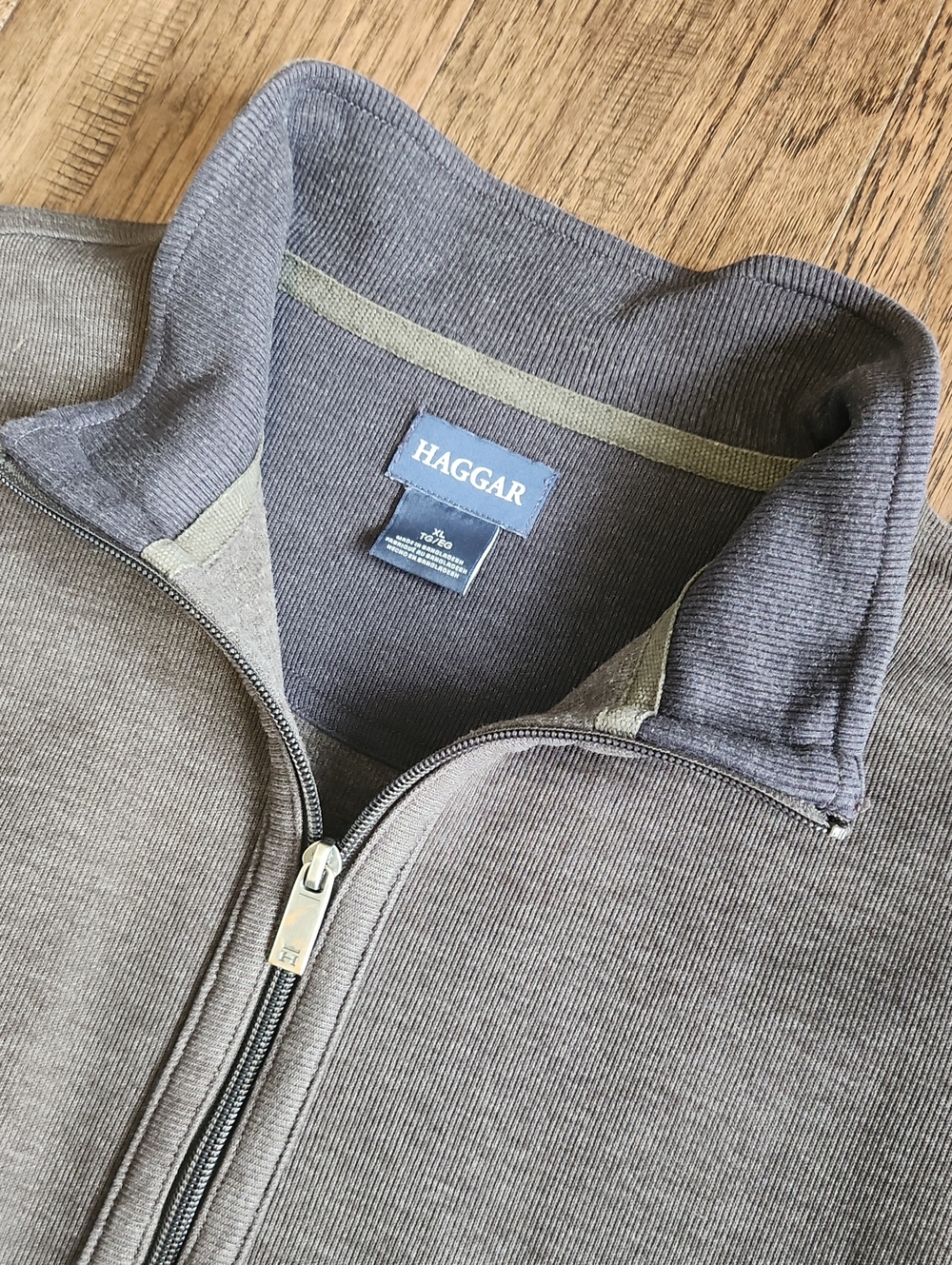 Haggar Men's Grey Full-Zip Knit Sweater with Dark Collar